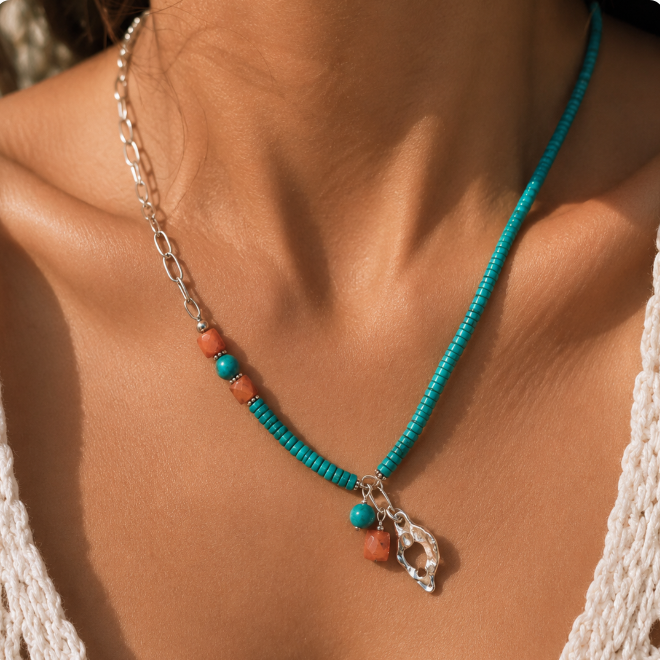 Sterling Silver Atlas, Turquoise, and Carnelian Necklace