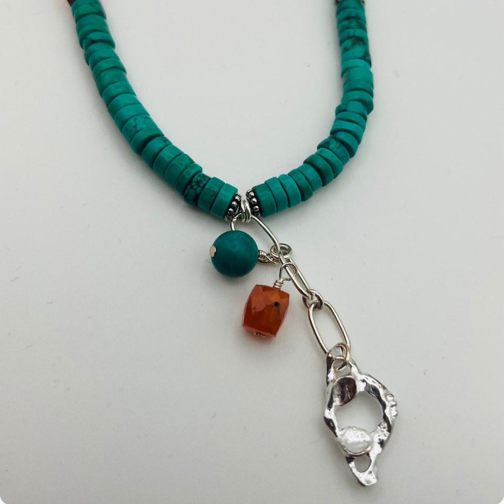 Sterling Silver Atlas, Turquoise, and Carnelian Necklace