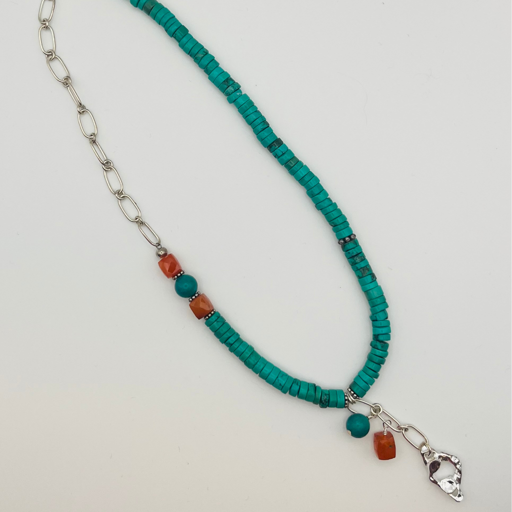 Sterling Silver Atlas, Turquoise, and Carnelian Necklace